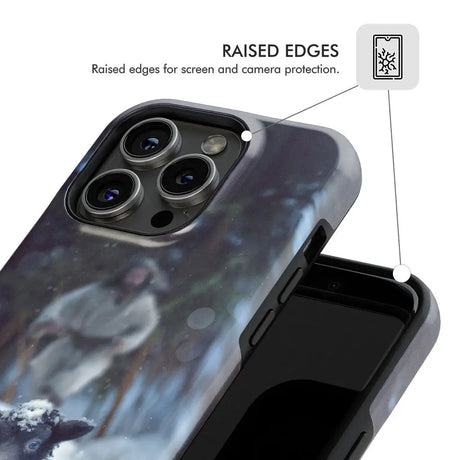Inspirational phone case of Jesus in a snowy forest, saving a lost sheep, ideal for a faith-filled design.
