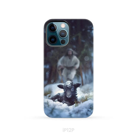 Jesus Running to Rescue a Lost Sheep in a Snowy Forest Phone Case iPhone 12 Pro / Tough Case