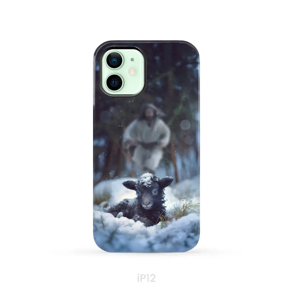 Jesus Running to Rescue a Lost Sheep in a Snowy Forest Phone Case iPhone 12 / Tough Case