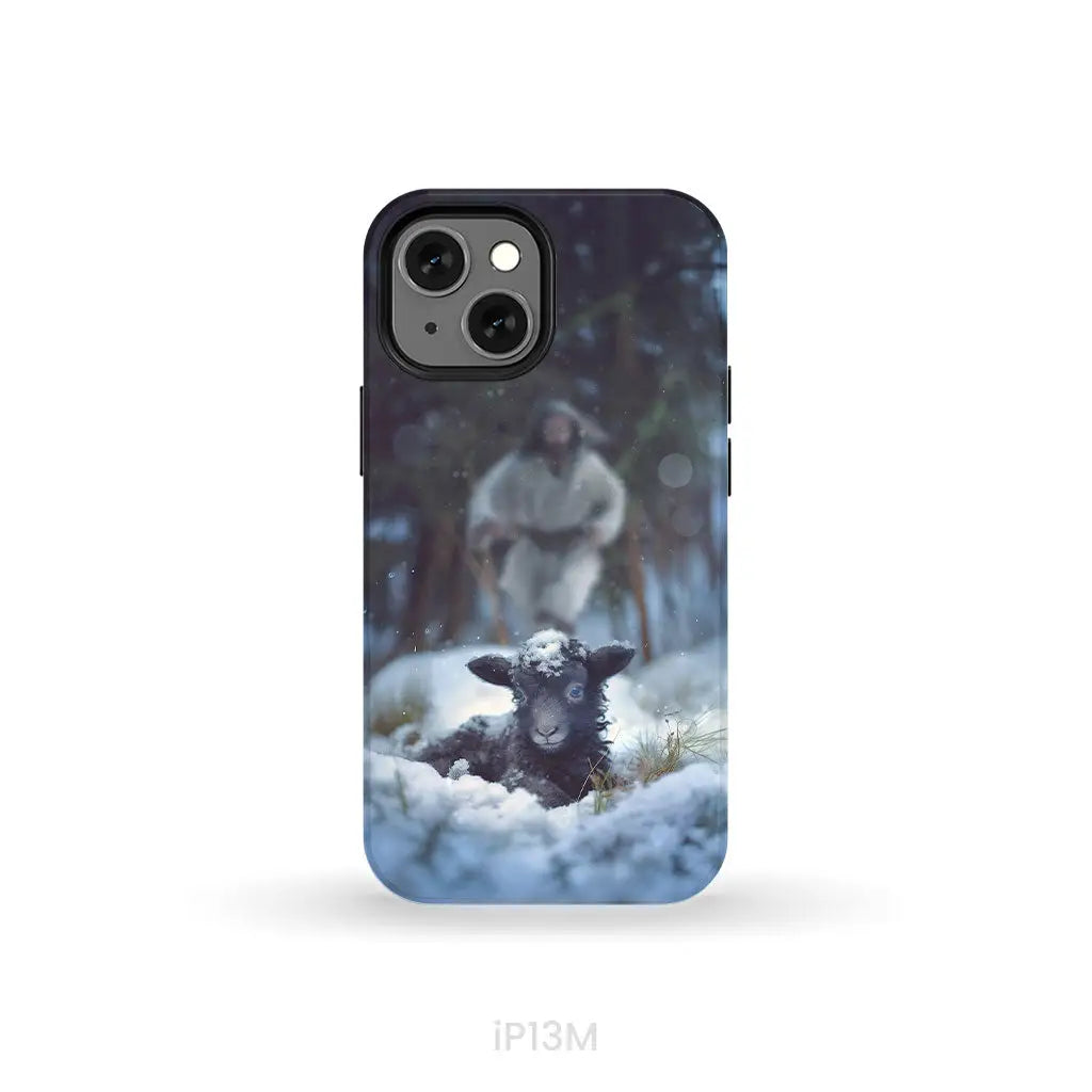 Jesus Running to Rescue a Lost Sheep in a Snowy Forest Phone Case iPhone 13 Mini / Tough Case
