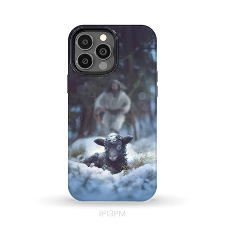 Jesus Running to Rescue a Lost Sheep in a Snowy Forest Phone Case iPhone 13 Pro Max / Tough Case