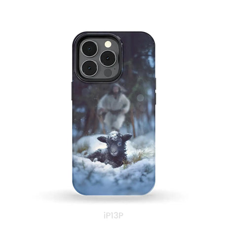 Jesus Running to Rescue a Lost Sheep in a Snowy Forest Phone Case iPhone 13 Pro / Tough Case