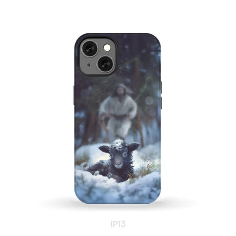 Jesus Running to Rescue a Lost Sheep in a Snowy Forest Phone Case iPhone 13 / Tough Case