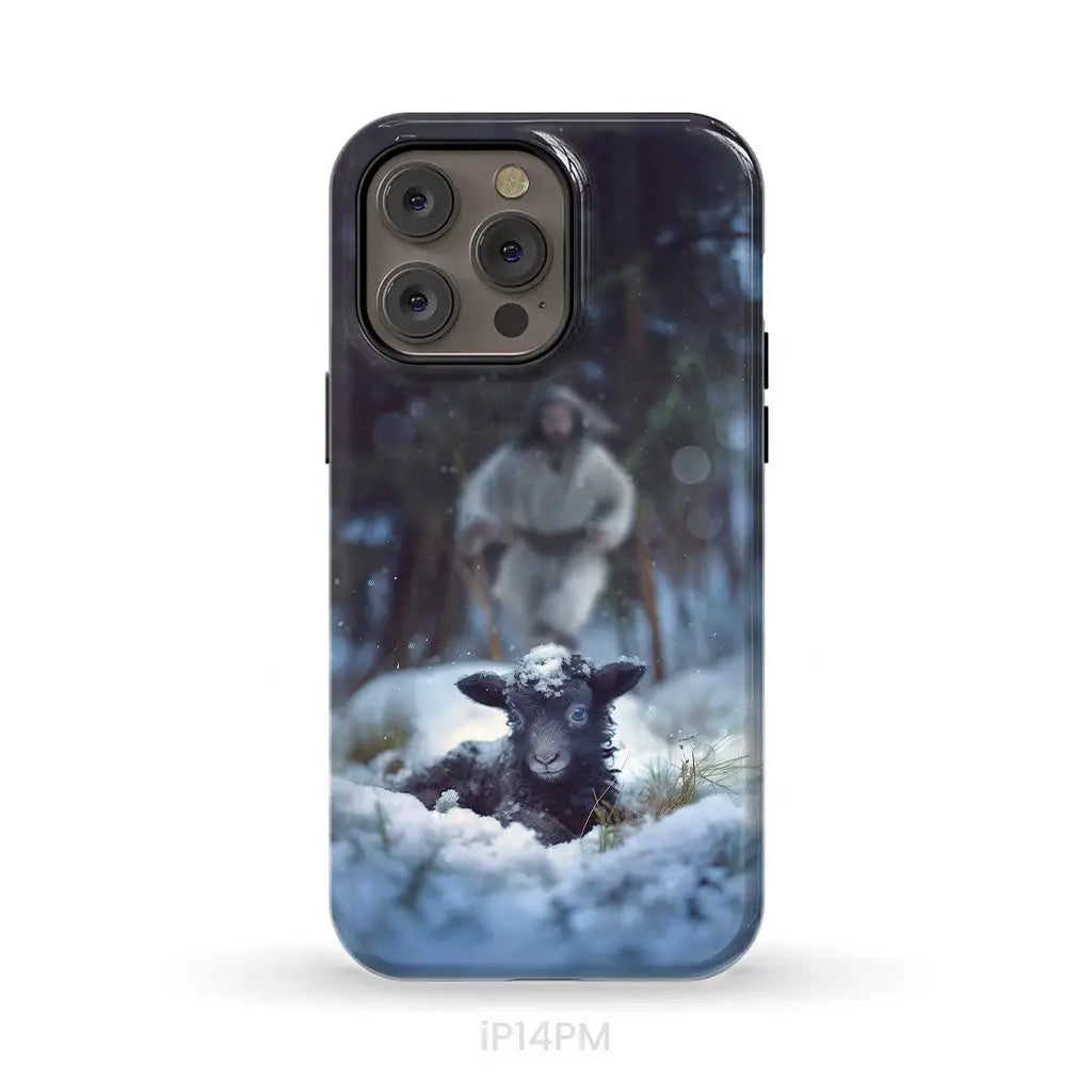 Jesus Running to Rescue a Lost Sheep in a Snowy Forest Phone Case iPhone 14 Pro Max / Tough Case