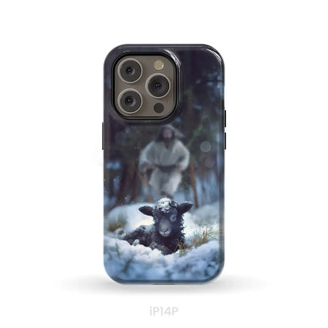 Jesus Running to Rescue a Lost Sheep in a Snowy Forest Phone Case iPhone 14 Pro / Tough Case