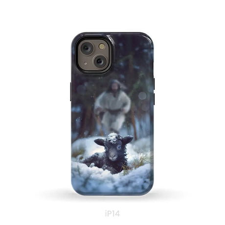 Jesus Running to Rescue a Lost Sheep in a Snowy Forest Phone Case iPhone 14 / Tough Case