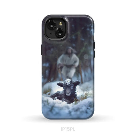 Jesus Running to Rescue a Lost Sheep in a Snowy Forest Phone Case iPhone 15 Plus / Tough Case