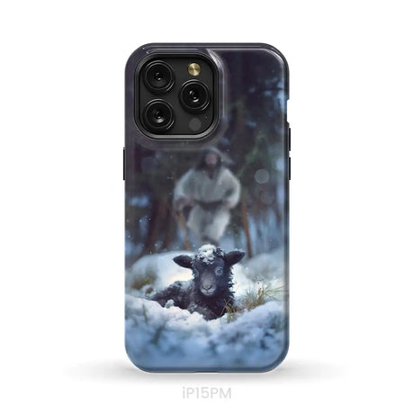 Jesus Running to Rescue a Lost Sheep in a Snowy Forest Phone Case iPhone 15 Pro Max / Tough Case
