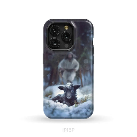 Jesus Running to Rescue a Lost Sheep in a Snowy Forest Phone Case iPhone 15 Pro / Tough Case
