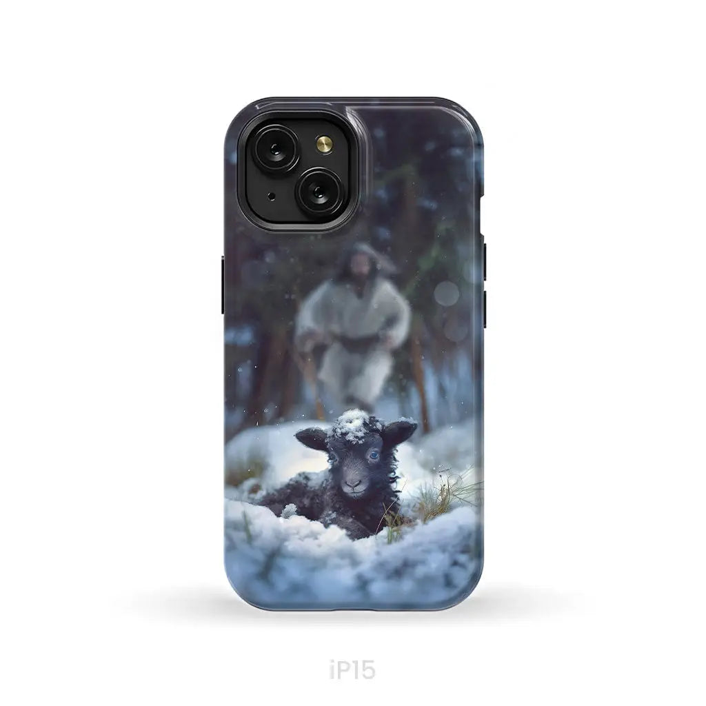 Jesus Running to Rescue a Lost Sheep in a Snowy Forest Phone Case iPhone 15 / Tough Case
