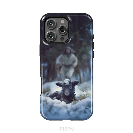 Jesus Running to Rescue a Lost Sheep in a Snowy Forest Phone Case iPhone 16 Pro Max / Tough Case