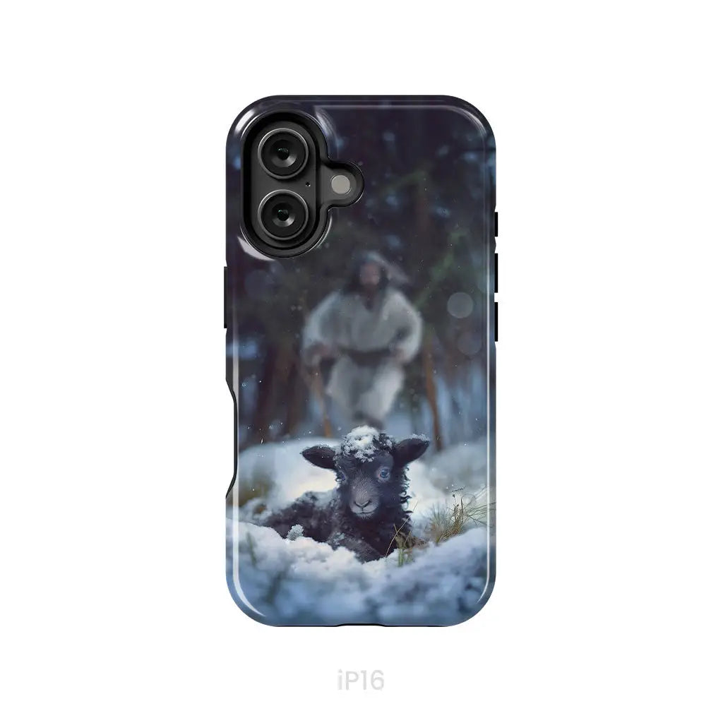 Jesus Running to Rescue a Lost Sheep in a Snowy Forest Phone Case iPhone 16 / Tough Case