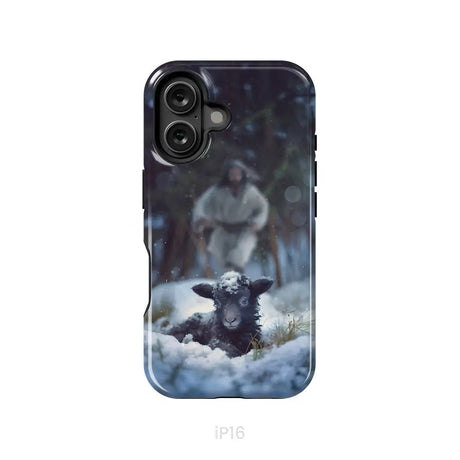 Jesus Running to Rescue a Lost Sheep in a Snowy Forest Phone Case iPhone 16 / Tough Case