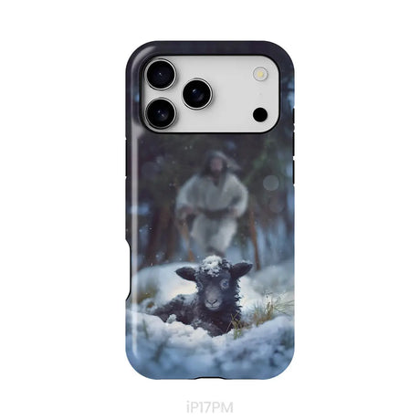 Jesus Running to Rescue a Lost Sheep in a Snowy Forest Phone Case iPhone 17 Pro Max / Tough Case