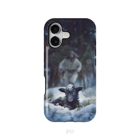 Jesus Running to Rescue a Lost Sheep in a Snowy Forest Phone Case iPhone 17 / Tough Case