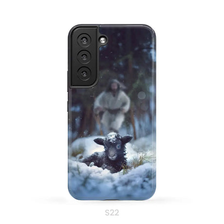 Jesus Running to Rescue a Lost Sheep in a Snowy Forest Phone Case Samsung Galaxy S22 / Tough Case