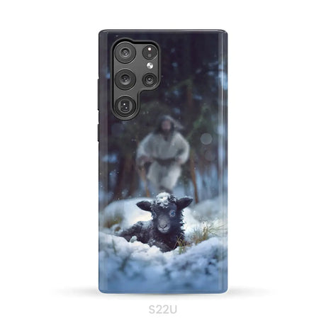 Jesus Running to Rescue a Lost Sheep in a Snowy Forest Phone Case Samsung Galaxy S22 Ultra / Tough Case