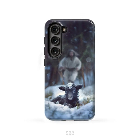Jesus Running to Rescue a Lost Sheep in a Snowy Forest Phone Case Samsung Galaxy S23 (Not for S23 FE) / Tough Case