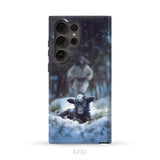 Jesus Running to Rescue a Lost Sheep in a Snowy Forest Phone Case Samsung Galaxy S23 Ultra / Tough Case