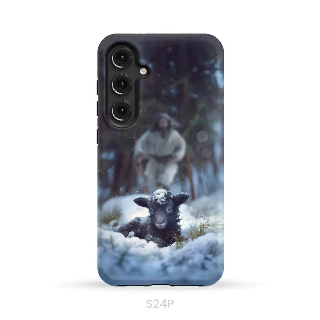 Jesus Running to Rescue a Lost Sheep in a Snowy Forest Phone Case Samsung Galaxy S24 Plus / Tough Case