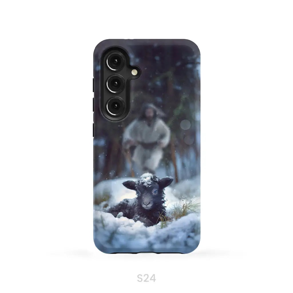 Jesus Running to Rescue a Lost Sheep in a Snowy Forest Phone Case Samsung Galaxy S24 / Tough Case