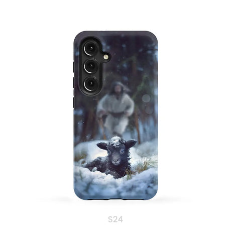 Jesus Running to Rescue a Lost Sheep in a Snowy Forest Phone Case Samsung Galaxy S24 / Tough Case