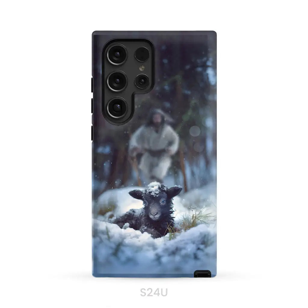 Jesus Running to Rescue a Lost Sheep in a Snowy Forest Phone Case Samsung Galaxy S24 Ultra / Tough Case