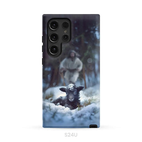 Jesus Running to Rescue a Lost Sheep in a Snowy Forest Phone Case Samsung Galaxy S24 Ultra / Tough Case