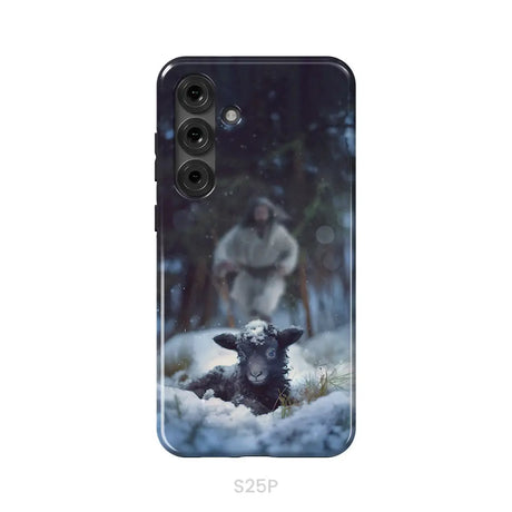 Jesus Running to Rescue a Lost Sheep in a Snowy Forest Phone Case Samsung Galaxy S25 Plus / Tough Case
