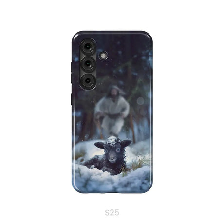 Jesus Running to Rescue a Lost Sheep in a Snowy Forest Phone Case Samsung Galaxy S25 / Tough Case