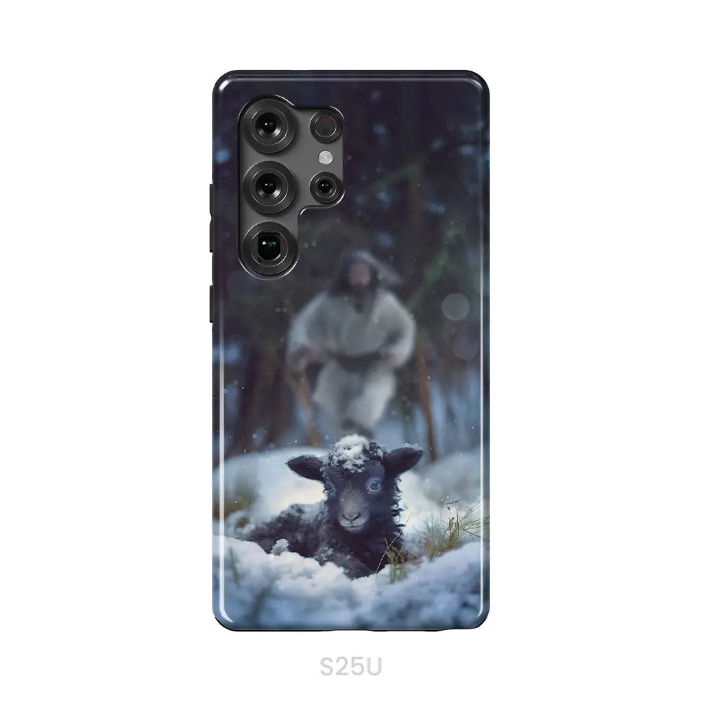 Jesus Running to Rescue a Lost Sheep in a Snowy Forest Phone Case Samsung Galaxy S25 Ultra / Tough Case