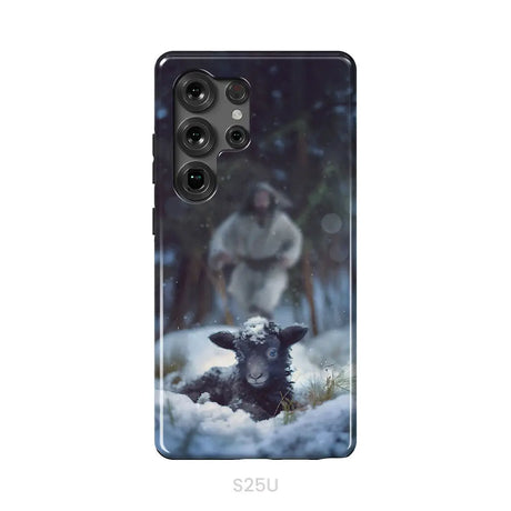 Jesus Running to Rescue a Lost Sheep in a Snowy Forest Phone Case Samsung Galaxy S25 Ultra / Tough Case