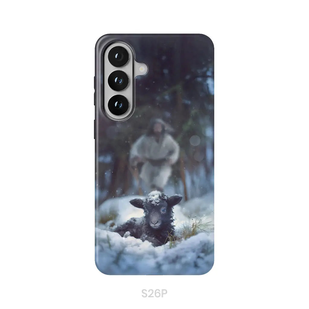Jesus Running to Rescue a Lost Sheep in a Snowy Forest Phone Case Samsung Galaxy S26 Plus / Tough Case