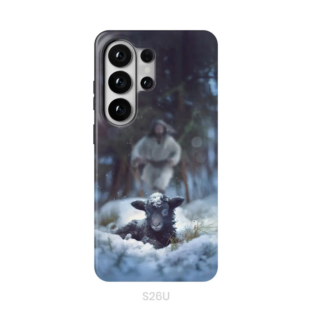 Jesus Running to Rescue a Lost Sheep in a Snowy Forest Phone Case Samsung Galaxy S26 Ultra / Tough Case