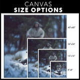 Christian Christmas gift idea: Square canvas of Jesus rescuing a sheep in a snowy forest, perfect for home decor / size options.
