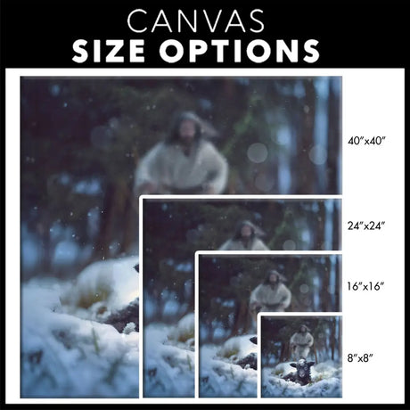 Christian Christmas gift idea: Square canvas of Jesus rescuing a sheep in a snowy forest, perfect for home decor / size options.