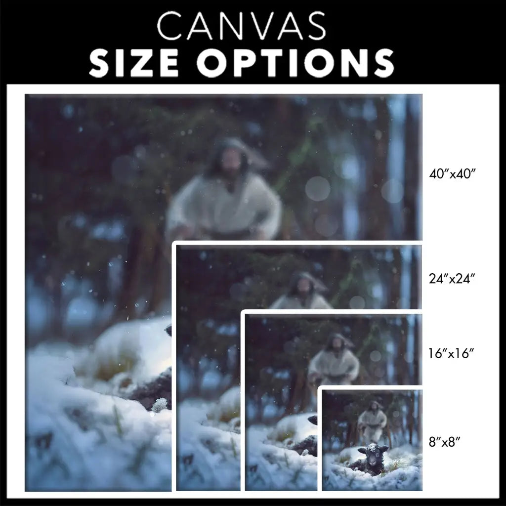 Christian Christmas gift idea: Square canvas of Jesus rescuing a sheep in a snowy forest, perfect for home decor / size options.