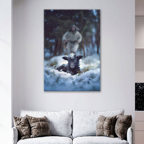 Christian Christmas wall art, Jesus Running to Rescue a Lost Sheep in a Snowy Forest Wall Art Canvas