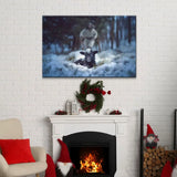 Christmas Christian wall art showing Jesus rescuing a lamb in a snowy forest, ideal for holiday gifts.