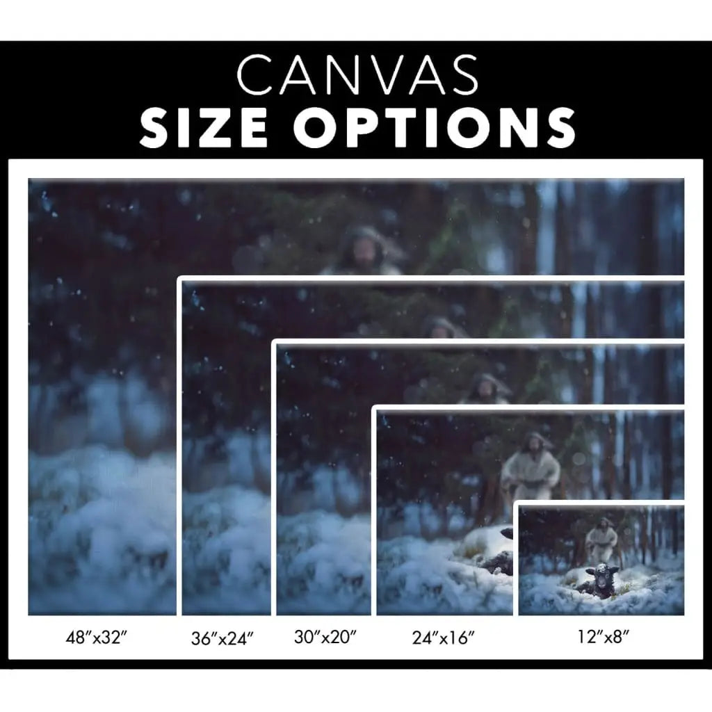 Jesus Rescues Lamb in a Snowy Forest Wall Art Canvas Size Options