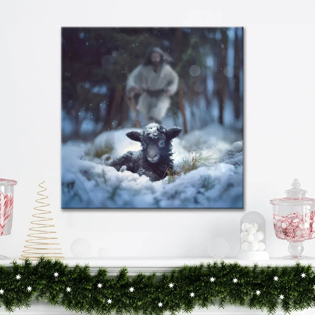 Inspirational square canvas featuring Jesus running to rescue a sheep in the snow, ideal Christmas Christian gift.
