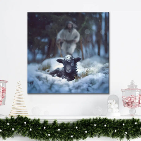 Inspirational square canvas featuring Jesus running to rescue a sheep in the snow, ideal Christmas Christian gift.