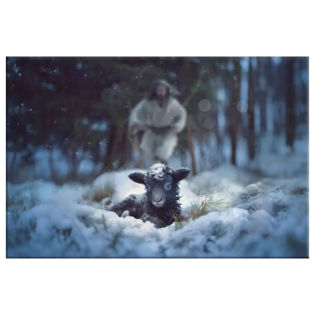 Jesus rescuing a lamb in a snowy forest, featured on Christmas wall art canvas, perfect for Christian home decor.