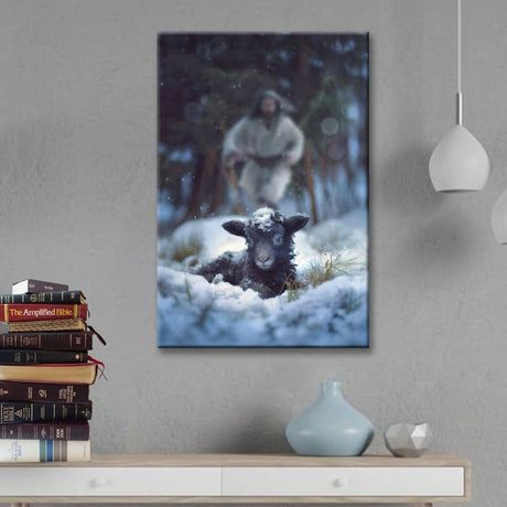 Inspirational artwork of Jesus saving a lost sheep in a snowy forest, ideal Christian Christmas gift and wall decor.
