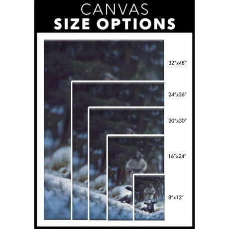 Jesus Running to Rescue a Lost Sheep in a Snowy Forest Wall Art Canvas Size Options