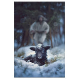 Christian wall art canvas print showing Jesus running to save a lost sheep in a snowy forest, great religious gift.