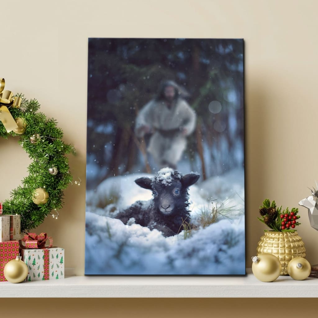 Jesus artwork on canvas, depicting Him rescuing a sheep in a snowy forest, perfect for faith-filled Christian Christmas gifts.