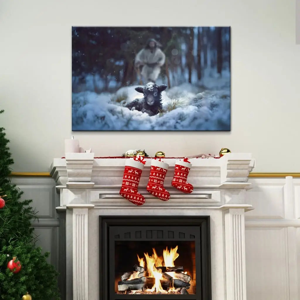 Jesus Rescues Lamb in a Snowy Forest Wall Art Canvas, Christian Christmas Decor