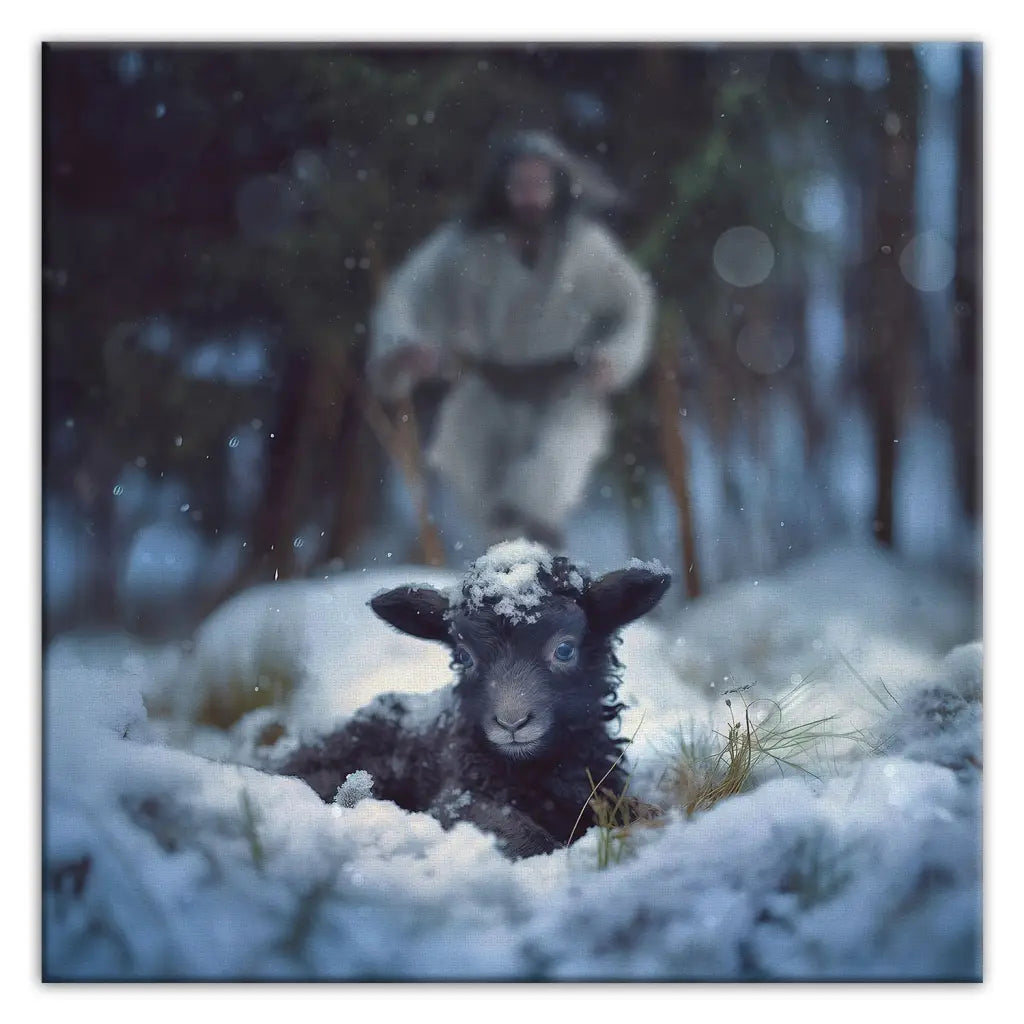 Faith-based square wall art with Jesus saving a sheep in a snowy forest, great for Christmas gifts and decor.