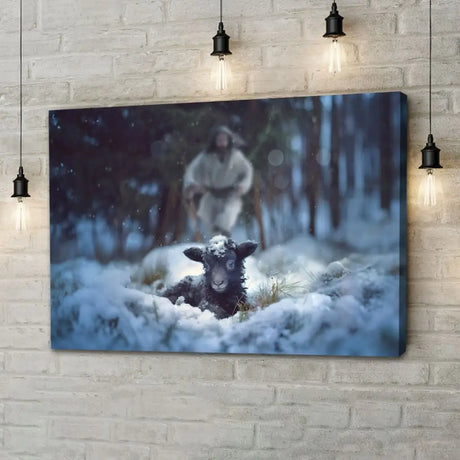 Faith-based wall art with Jesus rescuing a sheep in the snow, perfect for Christian gifts and home inspiration.